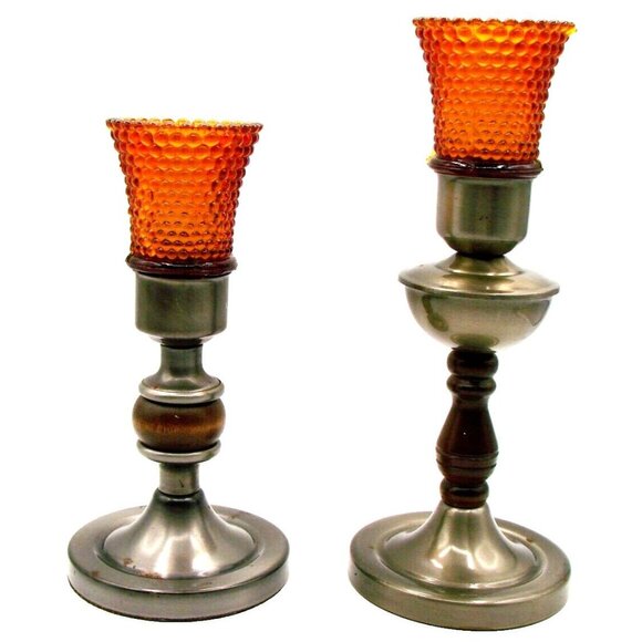 Set 2 Wooden Metal Candle Holders w/ Thousand Eye Hobnail Votives Amber Vintage - Picture 1 of 12